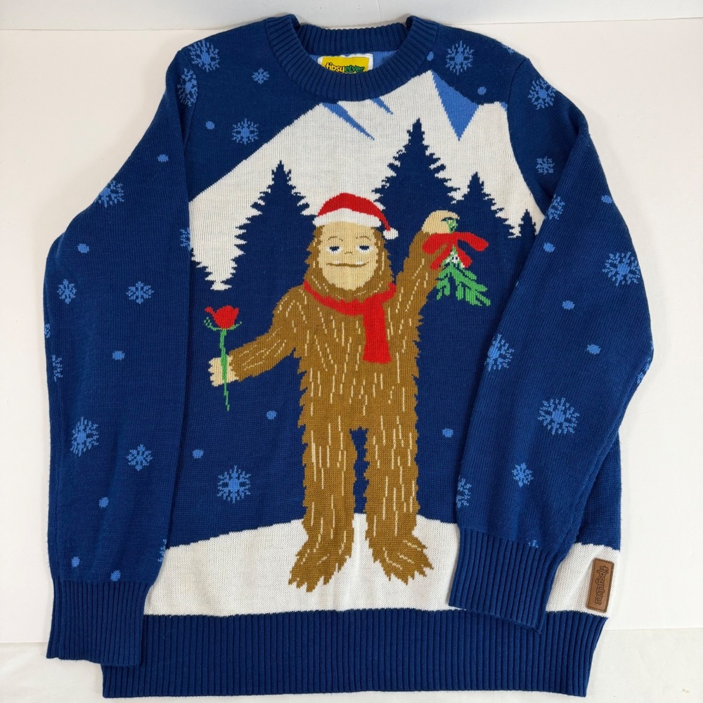 Tipsy Elves Bigfoot Christmas Sweater‎ XL Blue Sasquatch Ugly Holiday